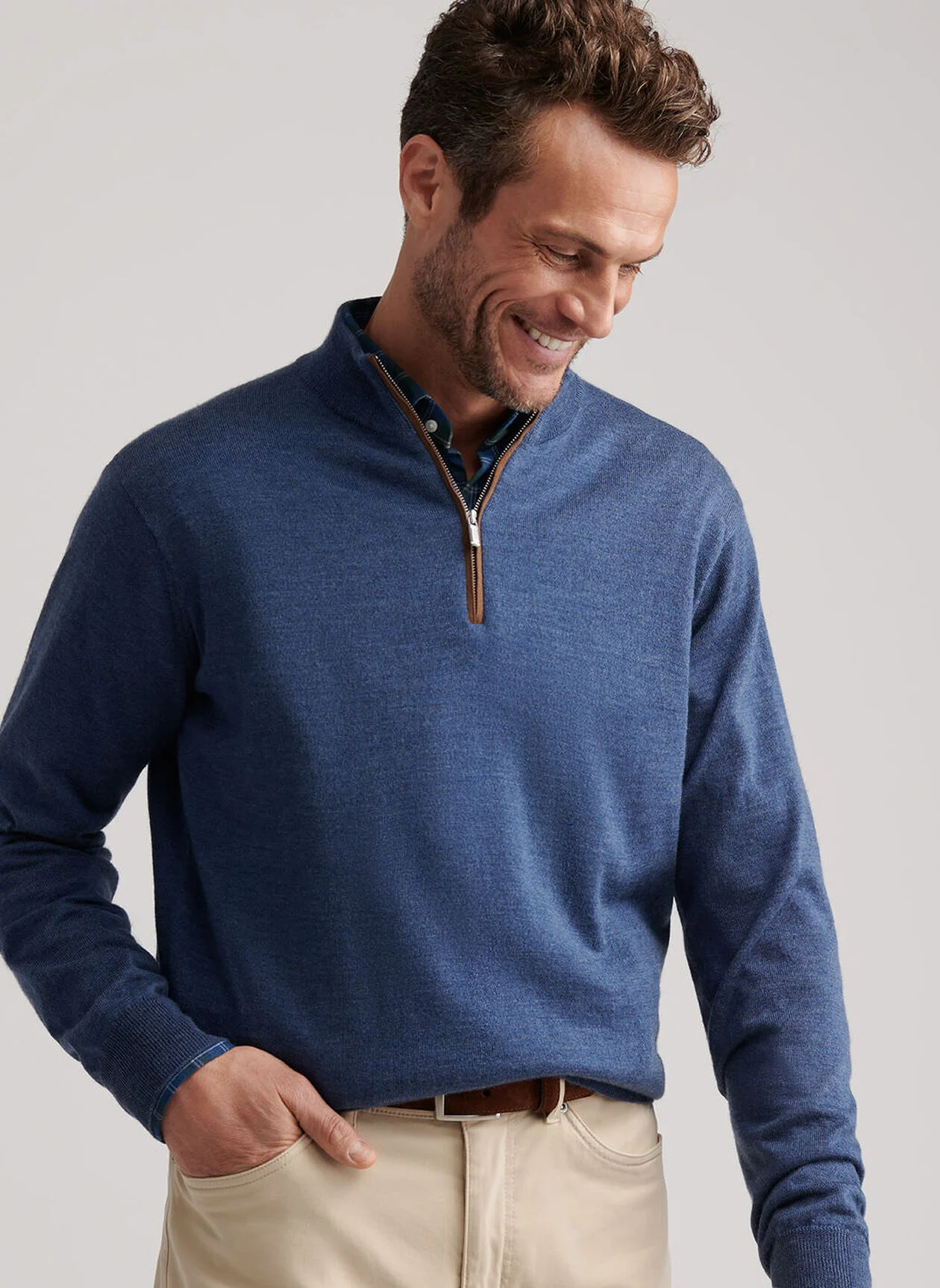 AUTUMN CREST SUEDE TRIM 1/4 ZIP SWEATER - BLUE HAZE