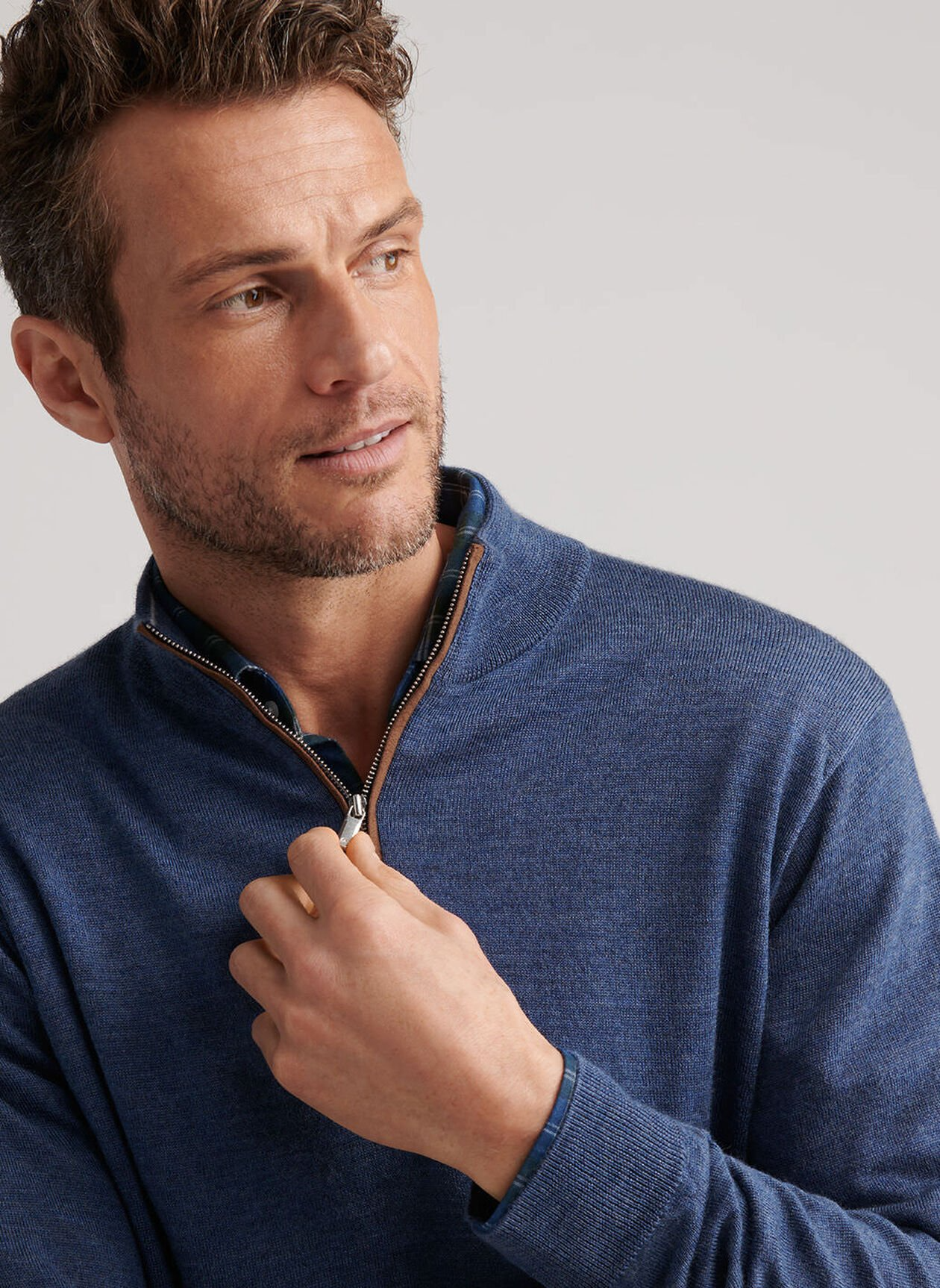 AUTUMN CREST SUEDE TRIM 1/4 ZIP SWEATER - BLUE HAZE