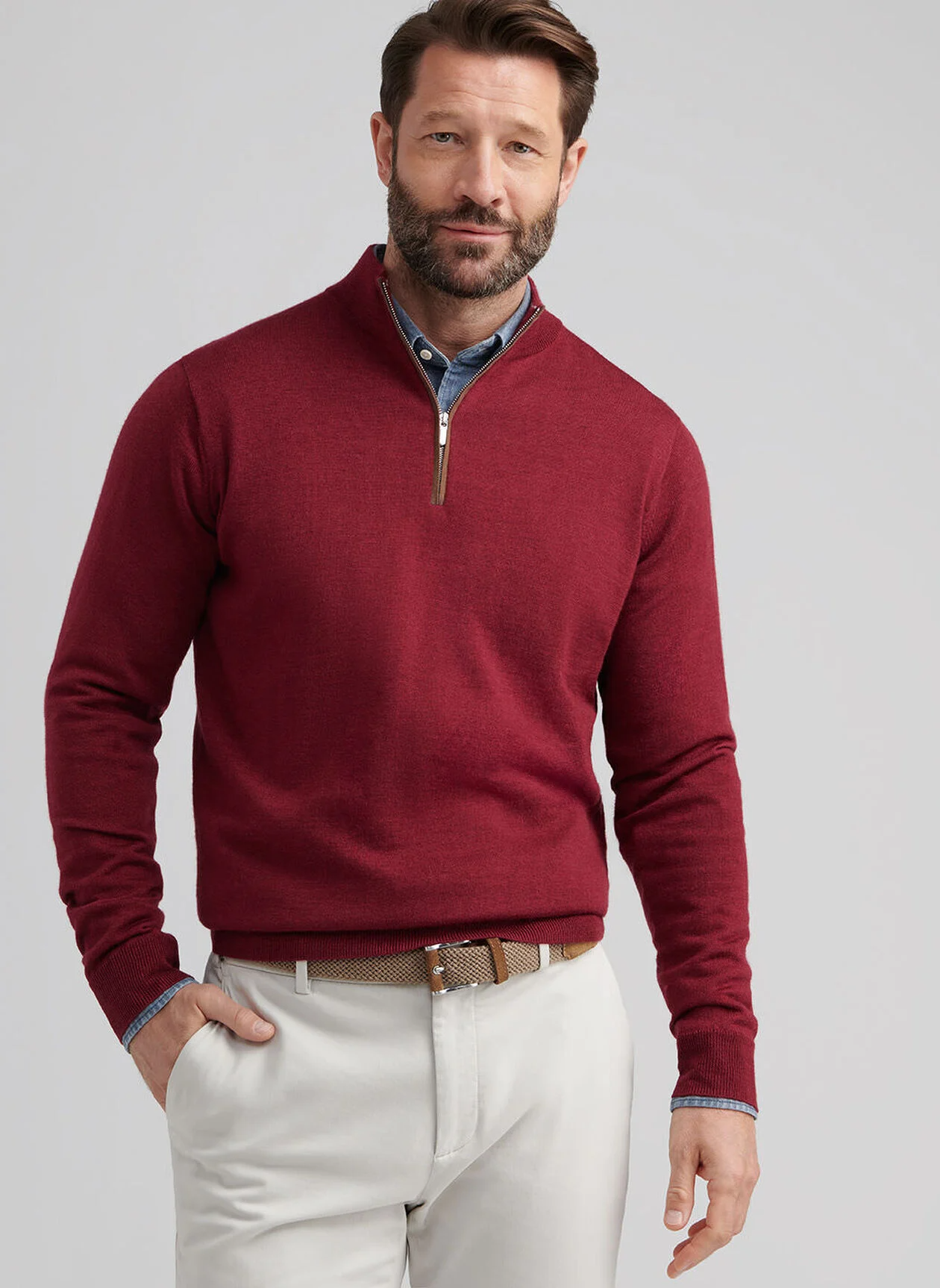 AUTUMN CREST SUEDE TRIM 1/4 ZIP SWEATER - BRICK RED