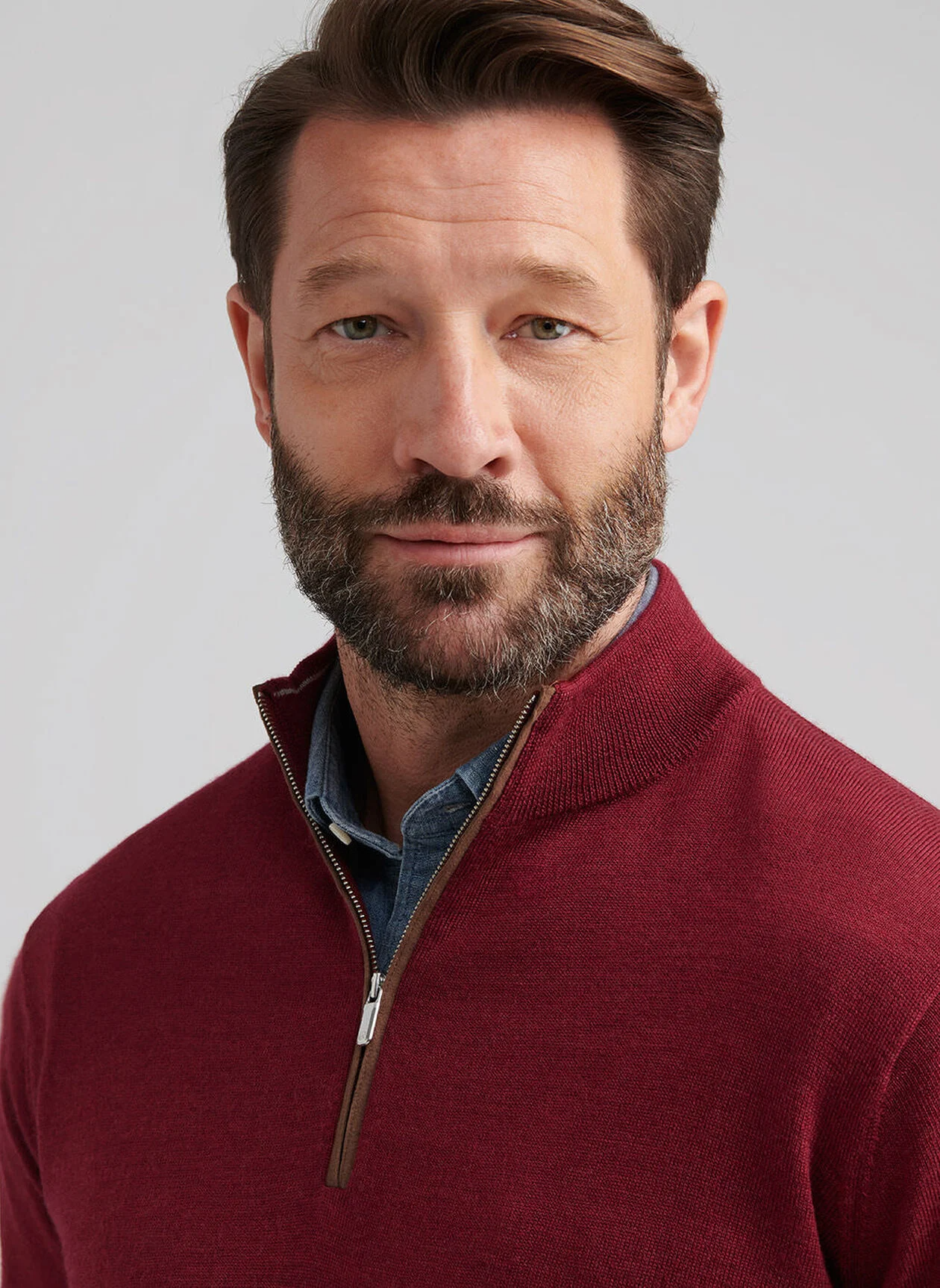 AUTUMN CREST SUEDE TRIM 1/4 ZIP SWEATER - BRICK RED