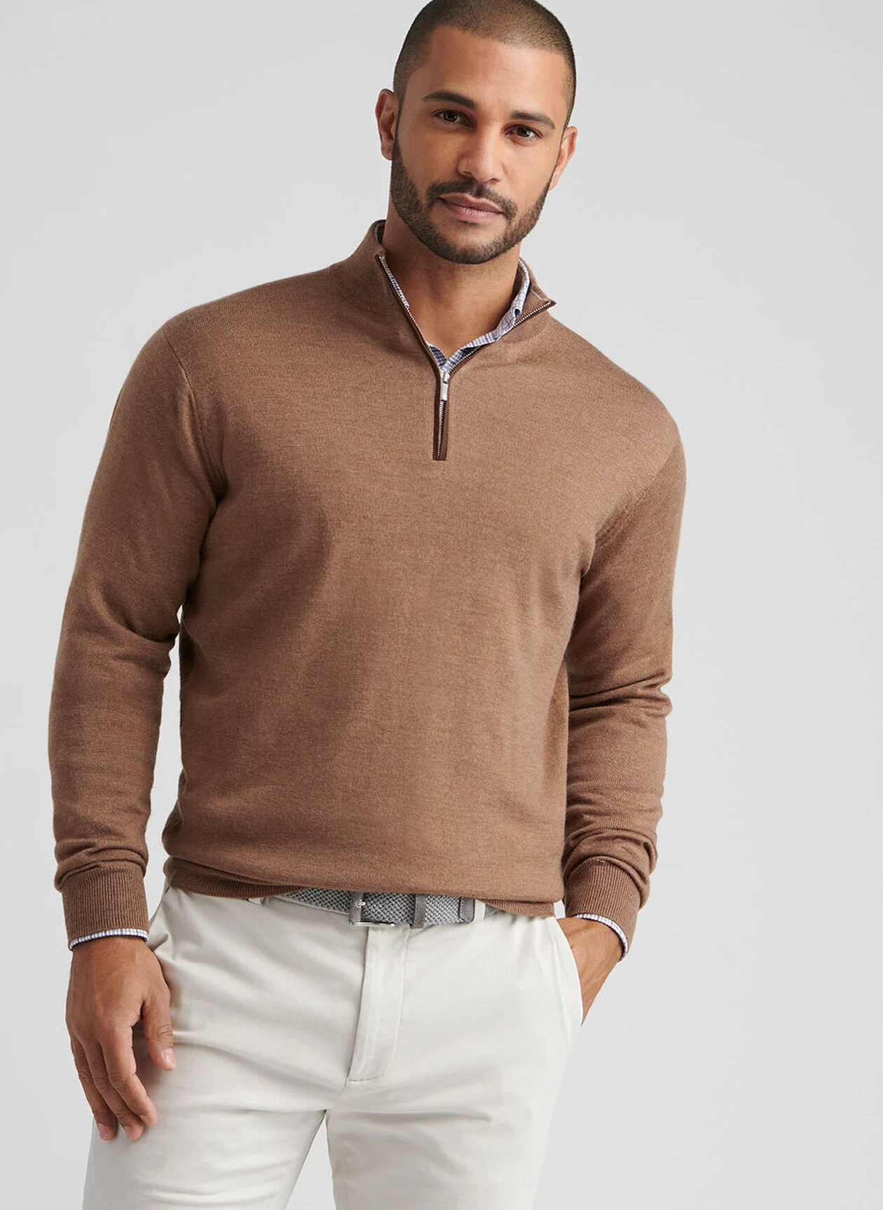 AUTUMN CREST SUEDE TRIM 1/4 ZIP SWEATER - BRITISH TAN