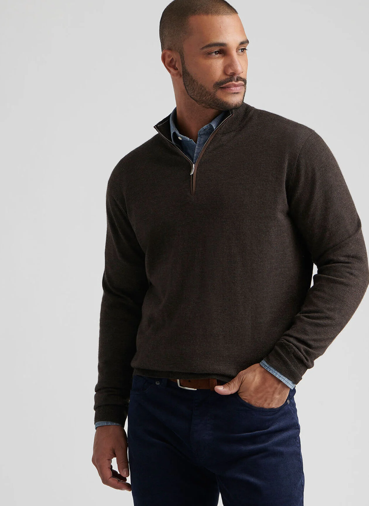 AUTUMN CREST SUEDE TRIM 1/4 ZIP SWEATER - FRENCH PRESS