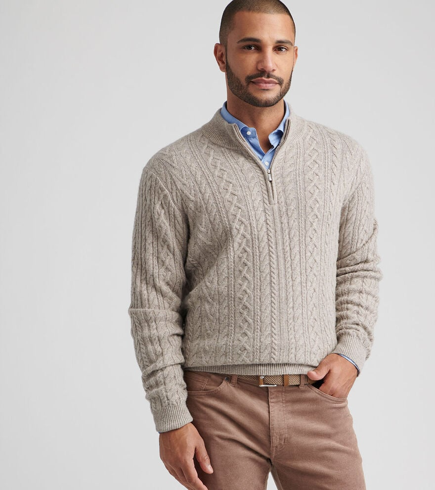 CRESCENT RIDGE CABLE 1/4 ZIP SWEATER - LIGHT ELM