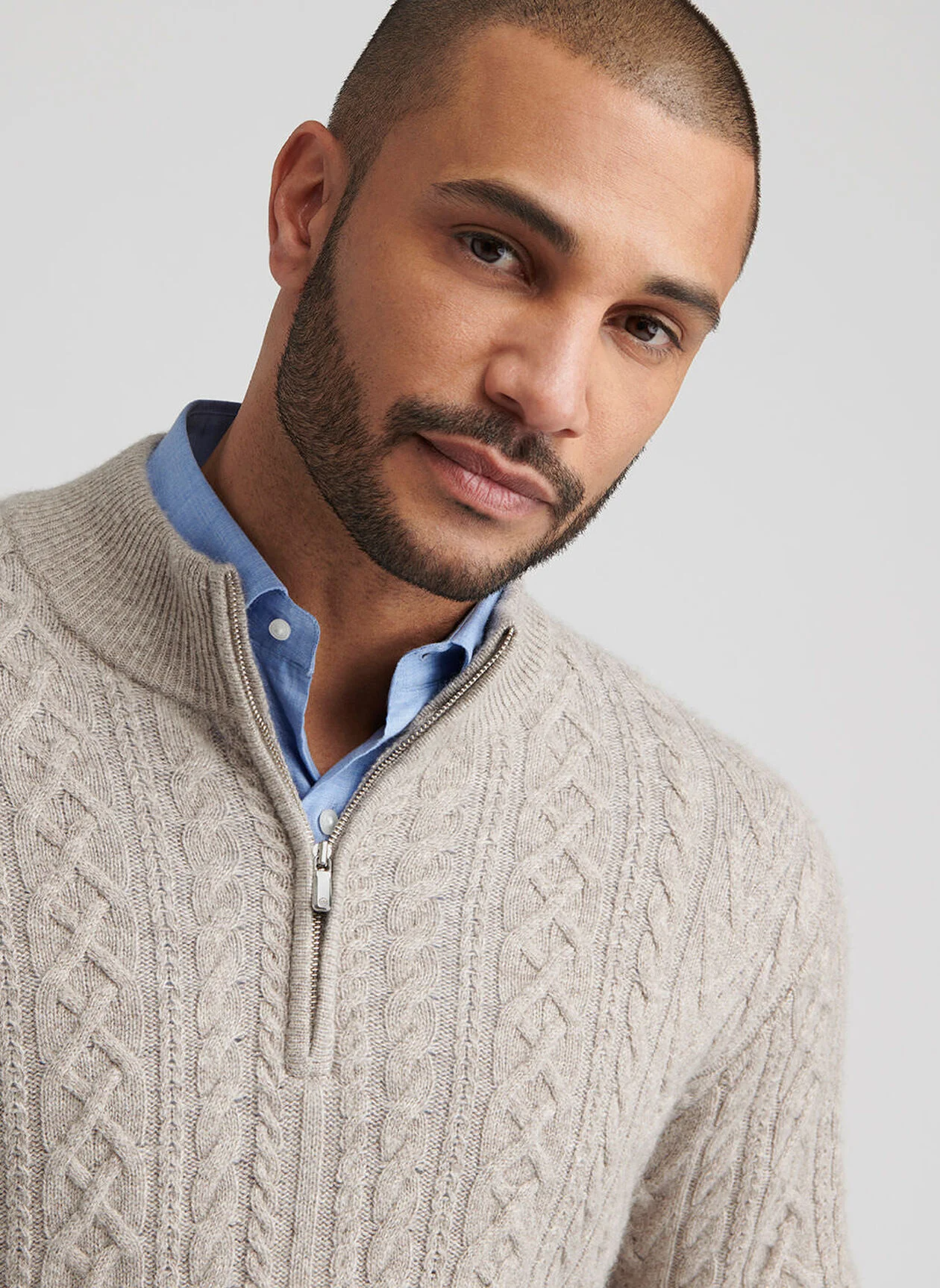 CRESCENT RIDGE CABLE 1/4 ZIP SWEATER - LIGHT ELM
