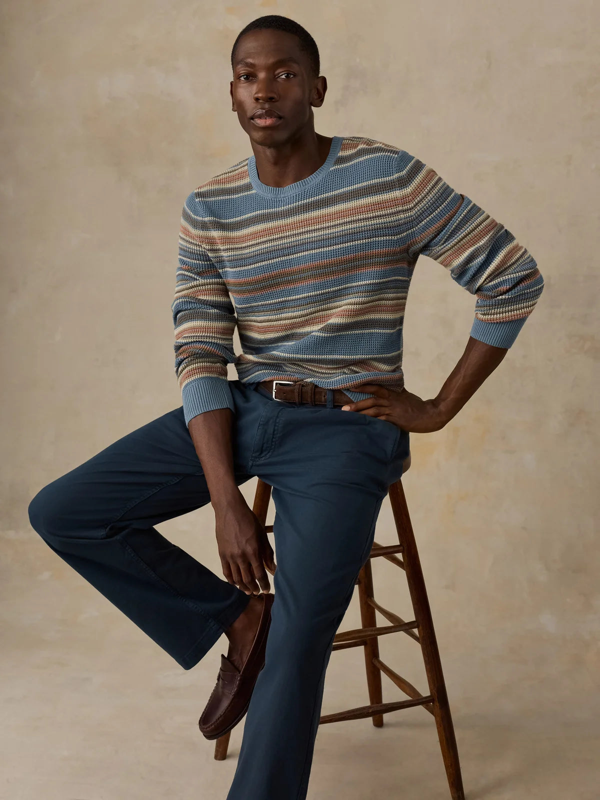 SUNWASHED CREW NECK SWEATER  TEAL SANDS STRIPE