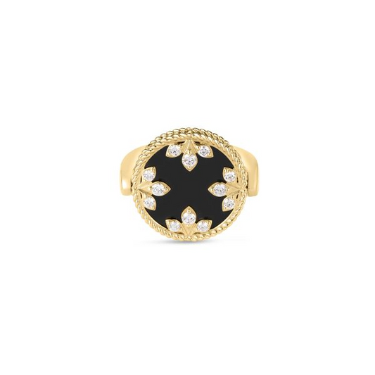 18K YG COLORED MEDALLIONS DIAMOND, BLACK JADE, & MOTHER OF PEARL REVERSIBLE RING