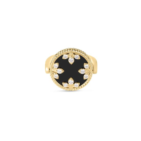 18K YG COLORED MEDALLIONS DIAMOND, BLACK JADE, & MOTHER OF PEARL REVERSIBLE RING
