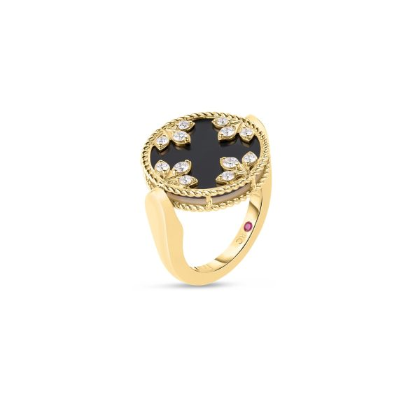 18K YG COLORED MEDALLIONS DIAMOND, BLACK JADE, & MOTHER OF PEARL REVERSIBLE RING