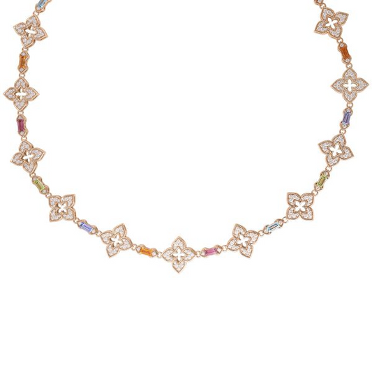 18K RG VENETIAN PRINCESS CARNIVAL PAVE DIAMOND & MIXED BAGUETTE FLOWER NECKLACE