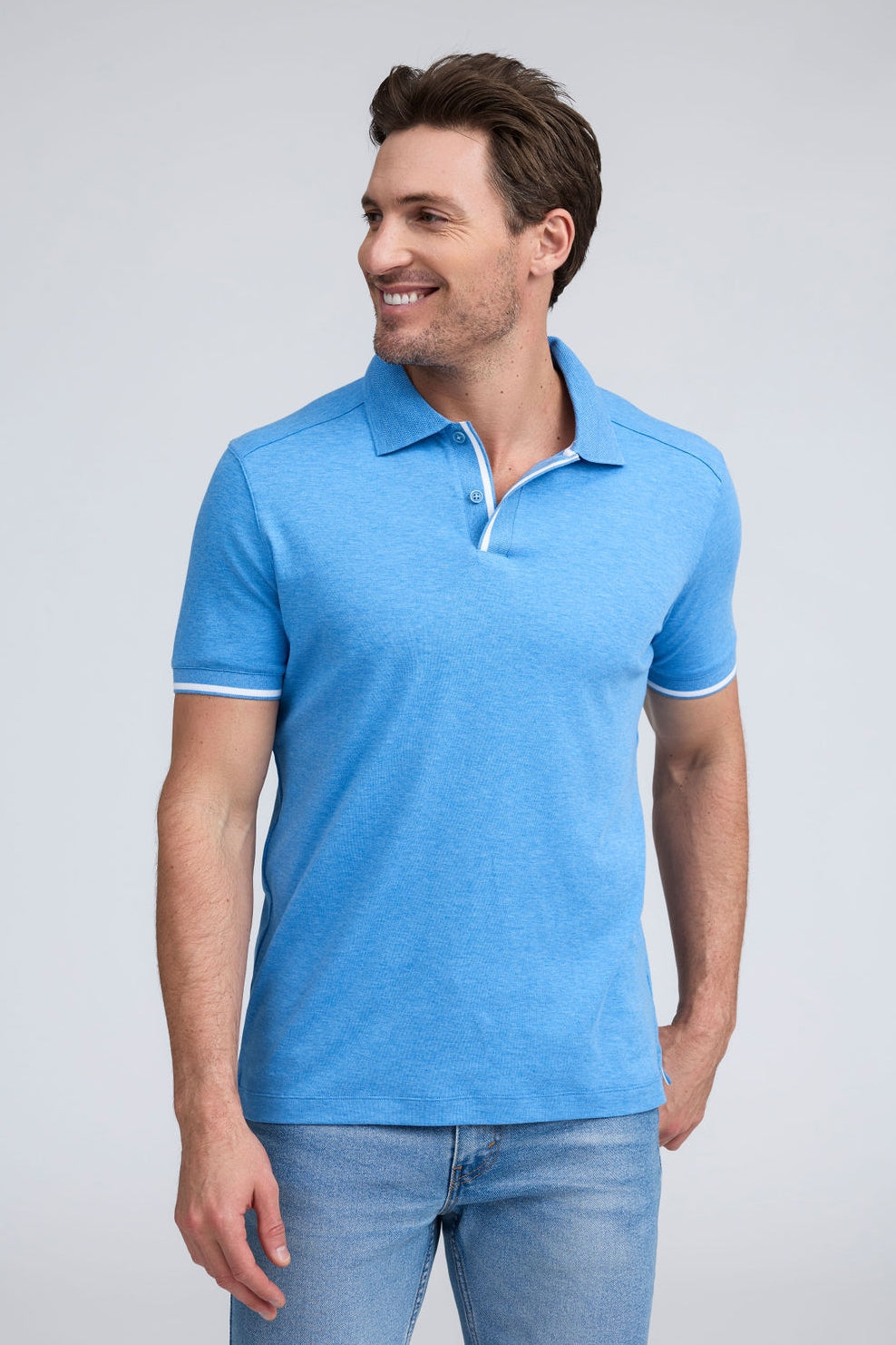 PURE AQUA COTTON RIB TRIM POLO - BLUE