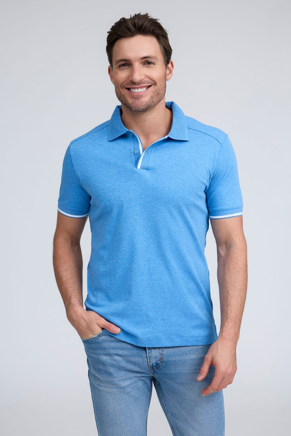 PURE AQUA COTTON RIB TRIM POLO - BLUE