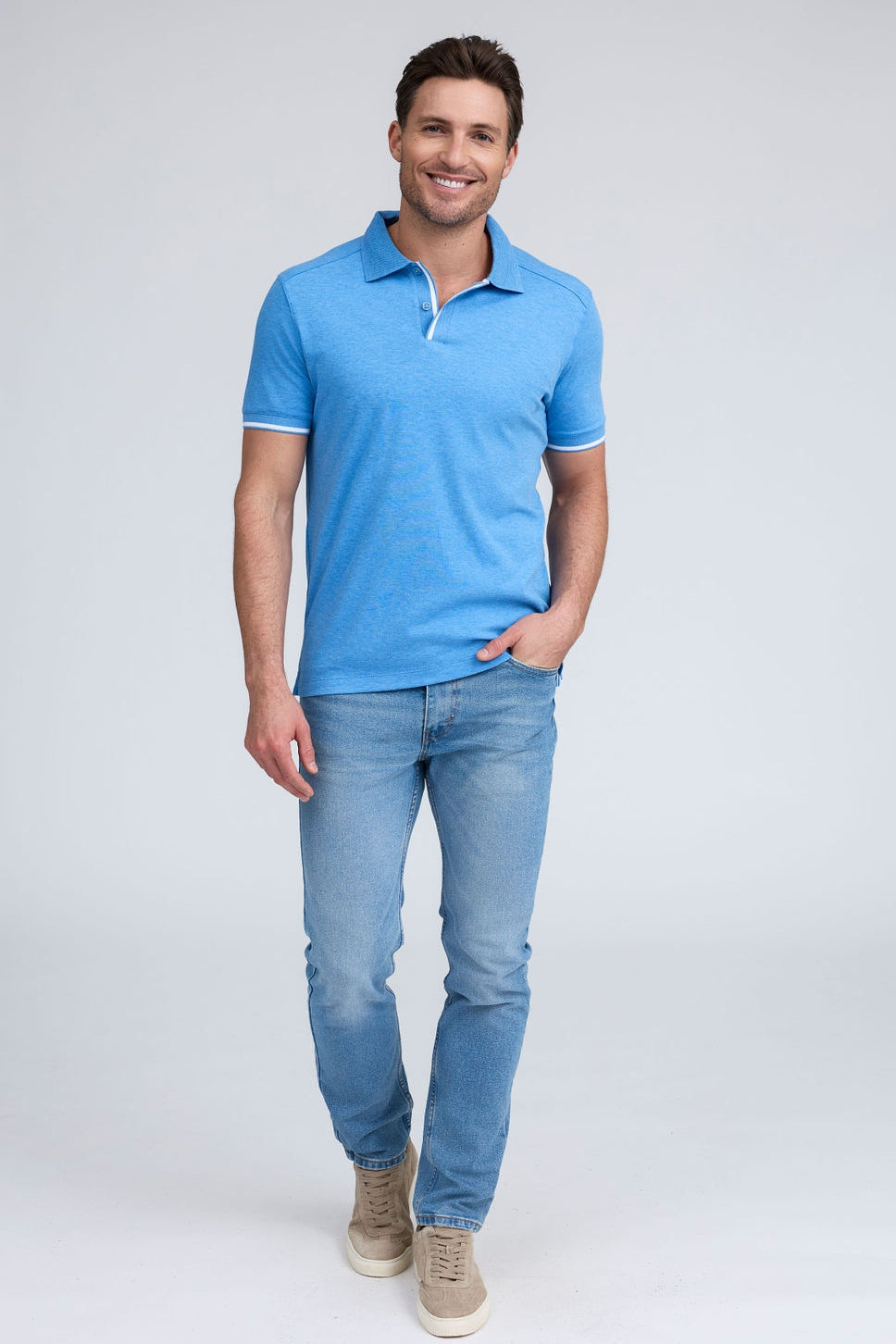 PURE AQUA COTTON RIB TRIM POLO - BLUE