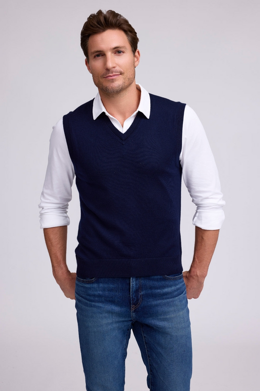 EXTRAFINE MERINO V-NECK VEST - INDIGO