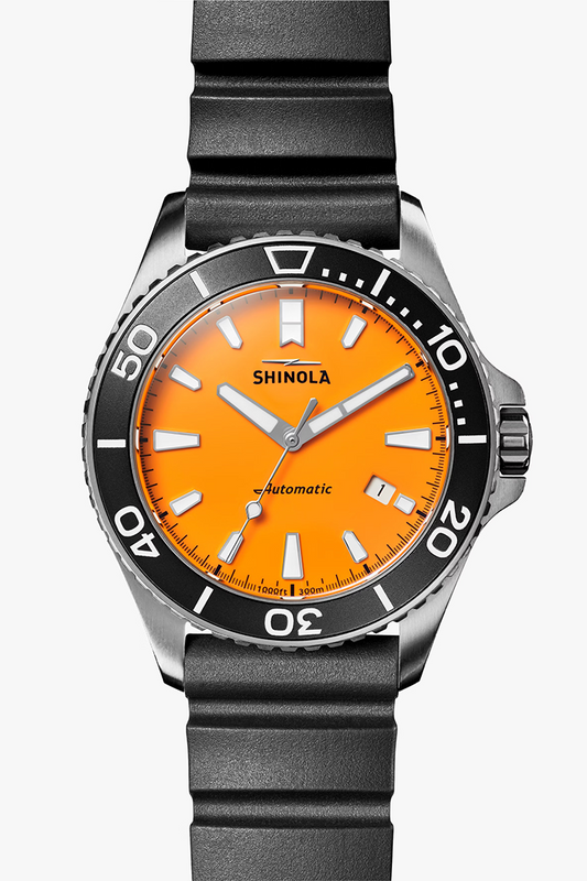 SHINOLA MONSTER 43 MM BLACK RUBBER STRAP WITH ORANGE DIAL STAINLESS STEEL WATCH