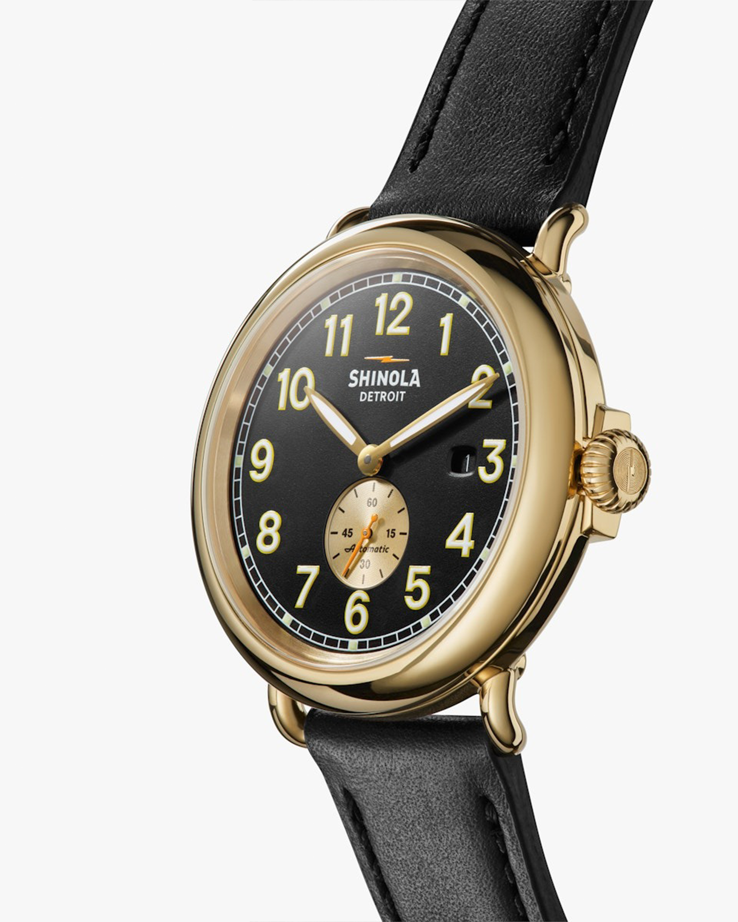 THE RUNWELL AUTOMATIC 45MM BLACK WATCH WITH POLISHED GOLD CASE AND LEATHER STRAP