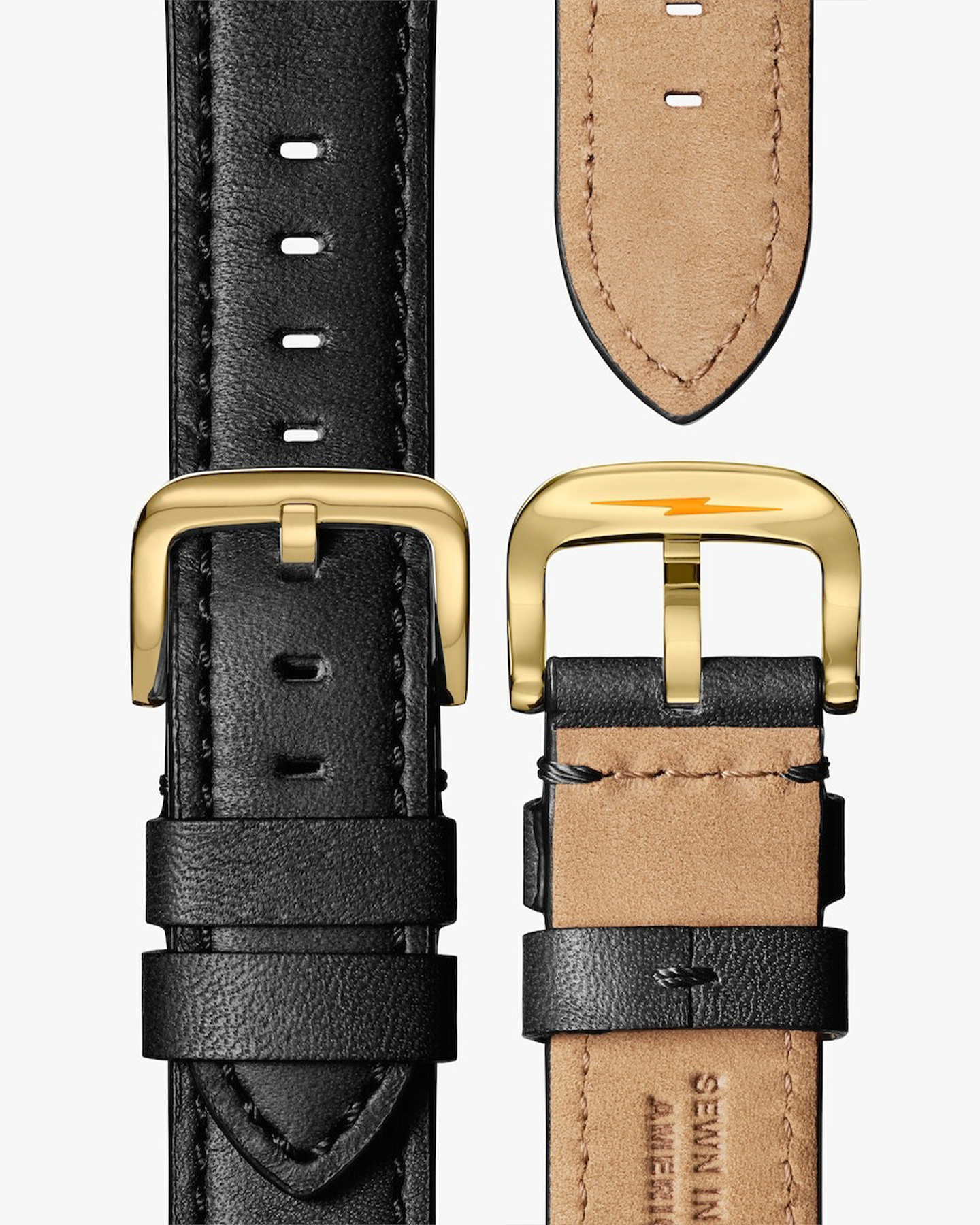 THE RUNWELL AUTOMATIC 45MM BLACK WATCH WITH POLISHED GOLD CASE AND LEATHER STRAP