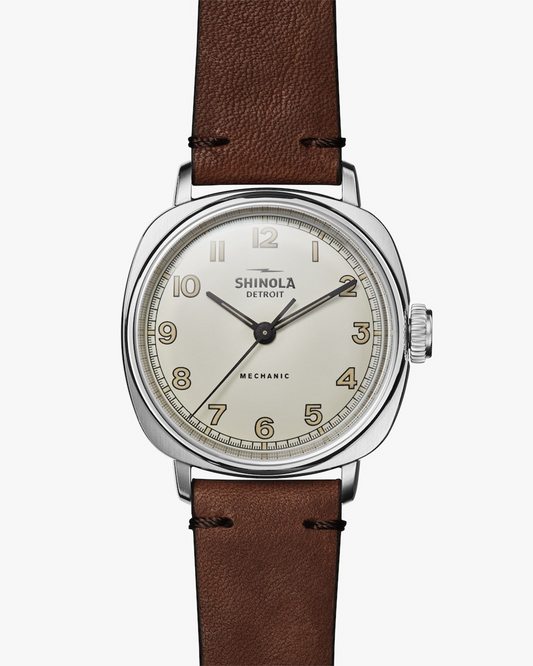 THE MECHANIC 39MM BRUSHED STAINELESS STEEL AND CATTAIL LEATHER STRAP WATCH