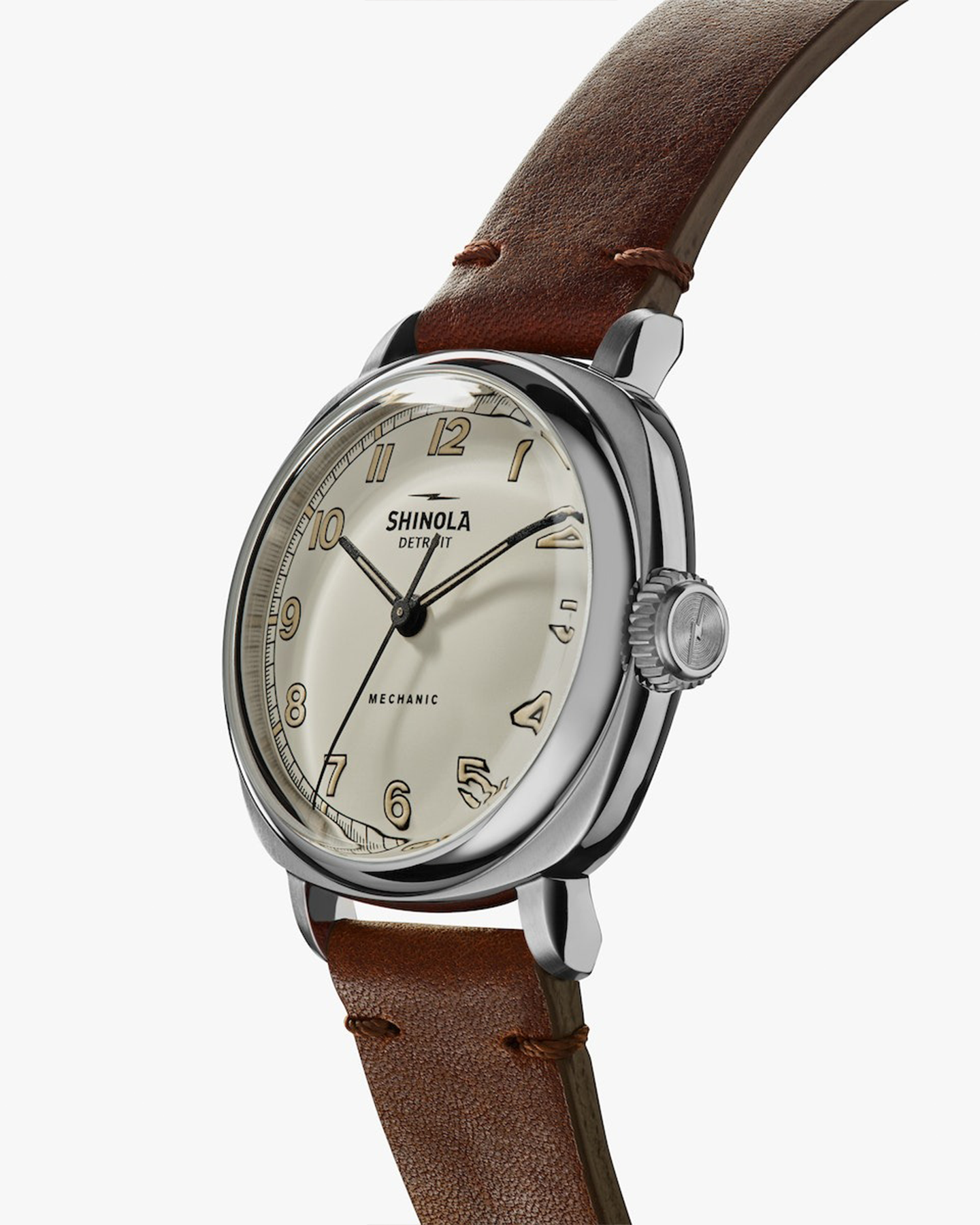 THE MECHANIC 39MM BRUSHED STAINELESS STEEL AND CATTAIL LEATHER STRAP WATCH