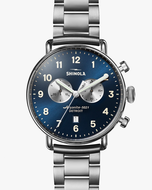 CANFIELD CHRONO 43 MM WATCH WITH MIDNIGHT BLUE FACE AND SILVER BRACELET