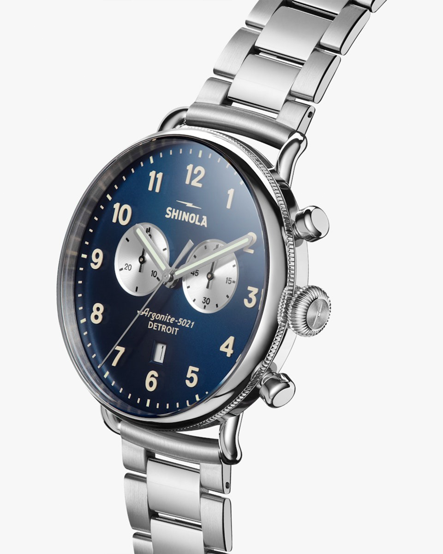 CANFIELD CHRONO 43 MM WATCH WITH MIDNIGHT BLUE FACE AND SILVER BRACELET