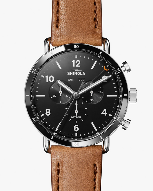 CANFIELD 45MM SPORT WATCH WITH BLACK FACE AND BOURBON LEATHER STRAP