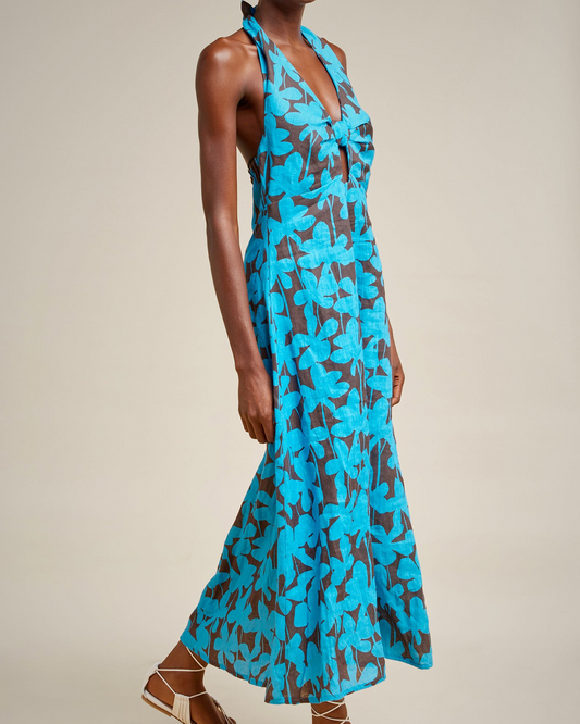 FLORAL PRINT LINEN HALTER DRESS WITH BOW - AQUA