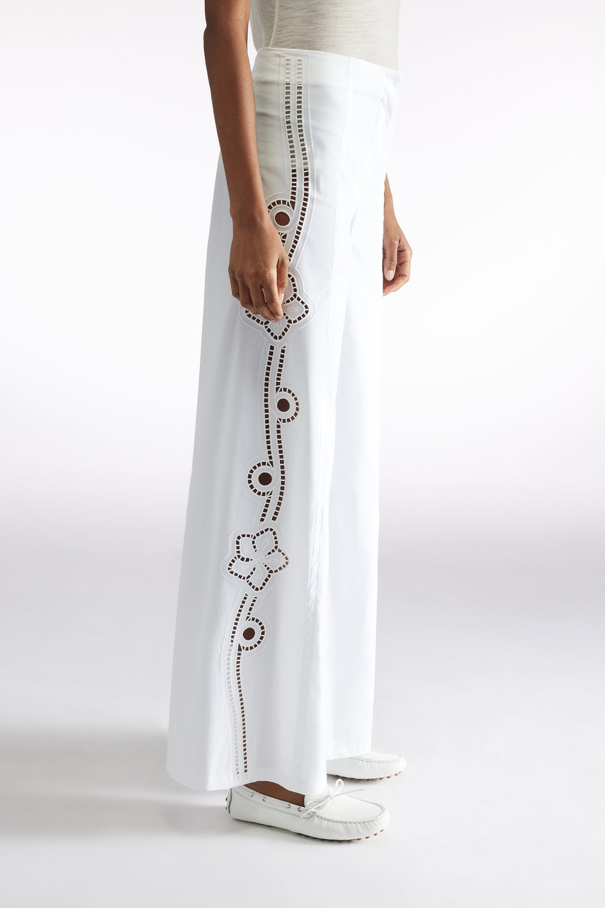 WIDEL LEG COTTON EYELET TROUSER - WHITE