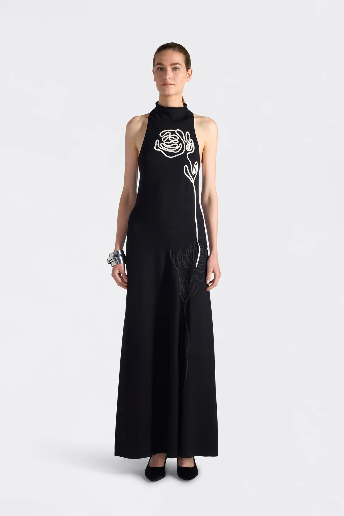 GILDA LONG HALTER DRESS - BLACK