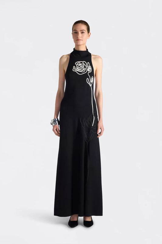GILDA LONG HALTER DRESS - BLACK
