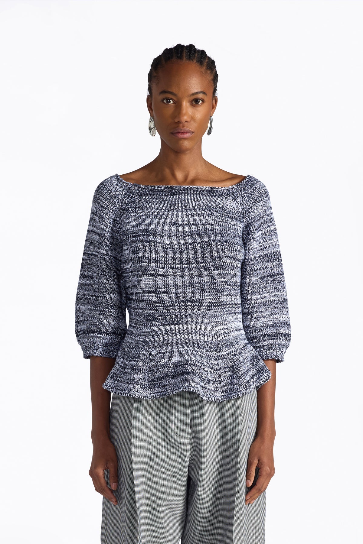 PAIGE PUFF SLEEVE ROUCHED SWEATER - NIGHT/WHITE
