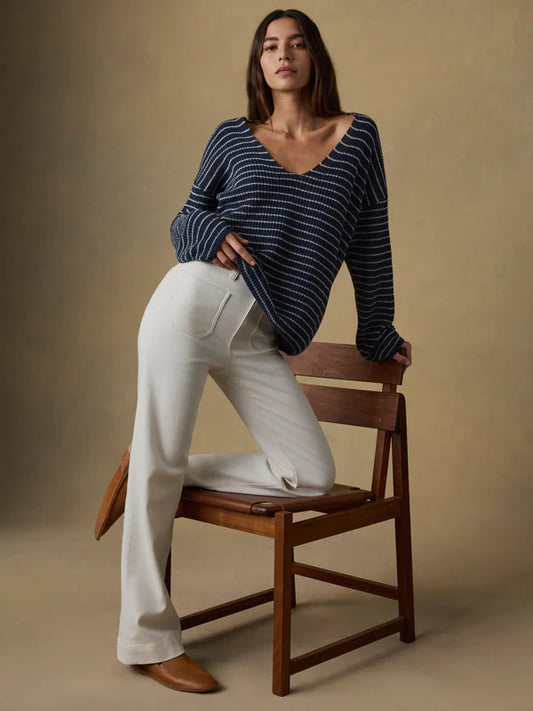 MIRAMAR LINEN DEEP V SWEATER - NAVY STRIPE