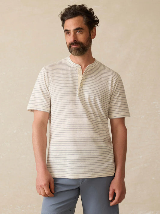 SHORT SLEEVE SUNWASHED HENLEY - CREAM FLINT STRIPE