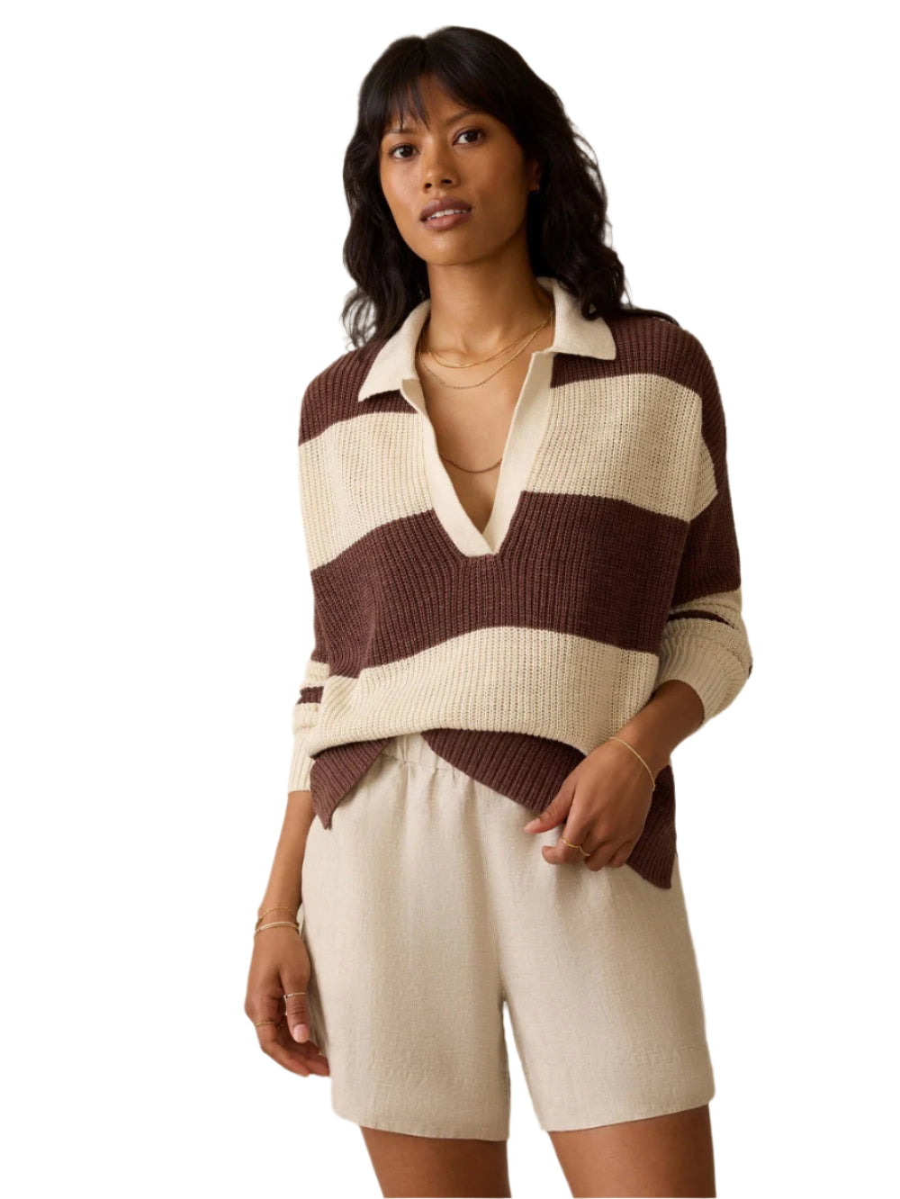 MIRAMAR LINEN POLO - COCOA RUGBY STRIPE