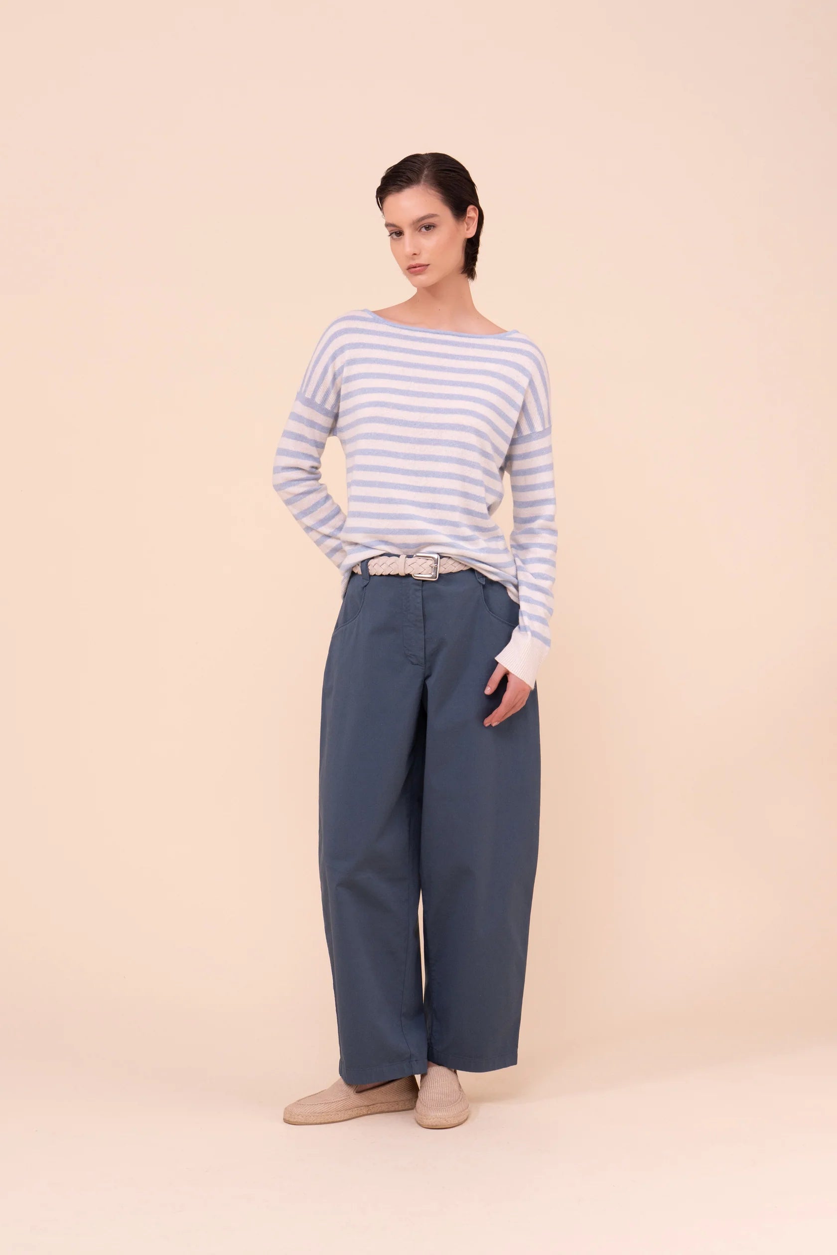 KAHLO MARBLE KNIT BOATNECK CASHMERE LINEN SWEATER - SKY BLUE