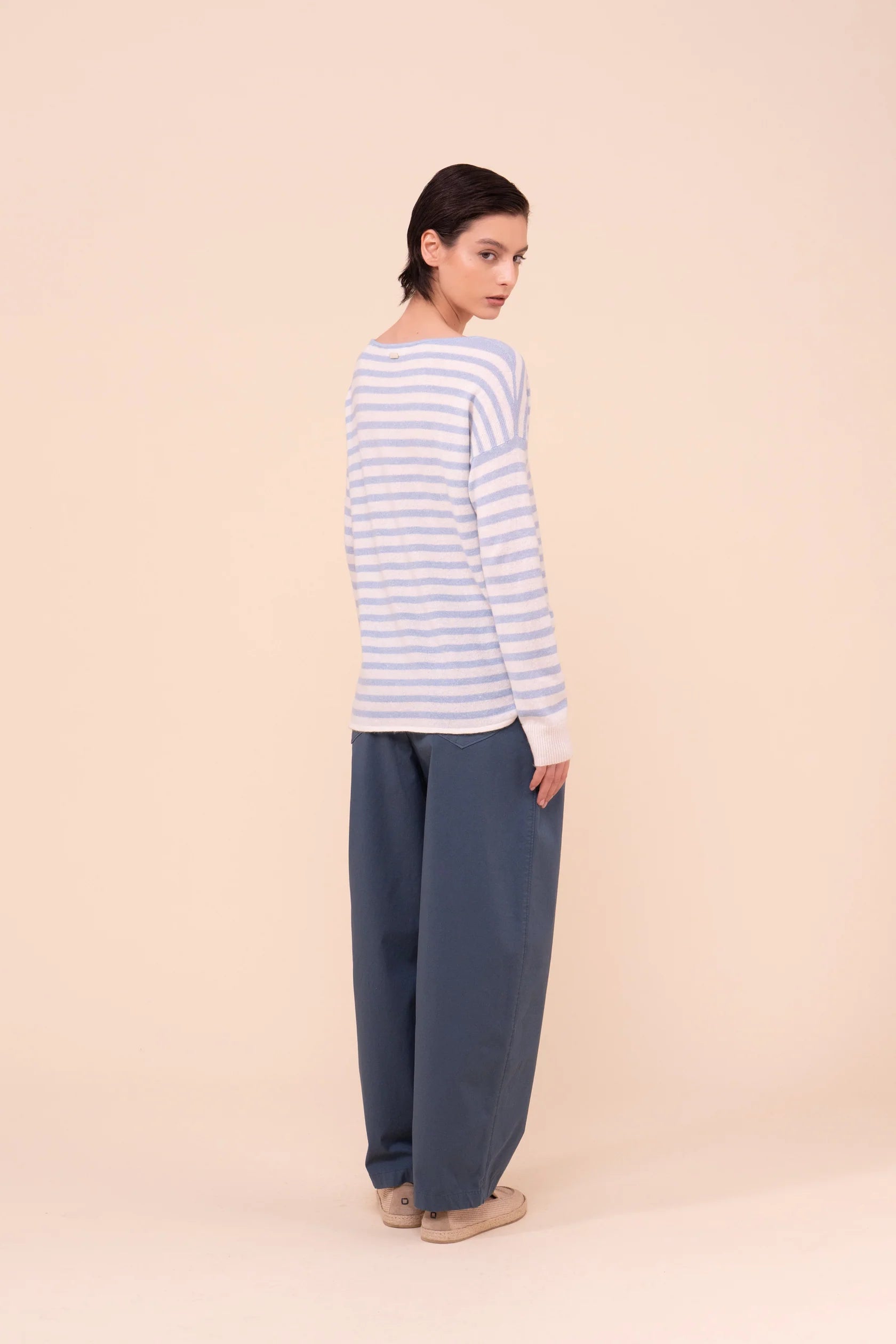 KAHLO MARBLE KNIT BOATNECK CASHMERE LINEN SWEATER - SKY BLUE