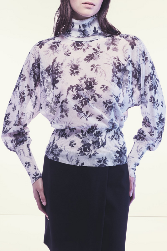 LENORA COTTON BLEND FLORAL PRINT SWEATER - GREY/WHITE
