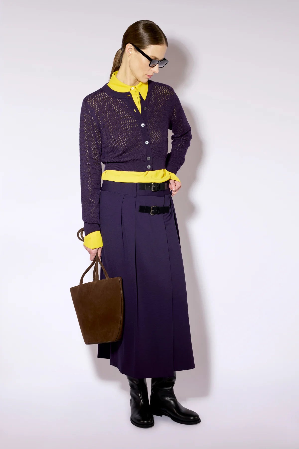 FLEECE WOOL PERFORATED KNIT CARDIGAN - BLUEBERRY