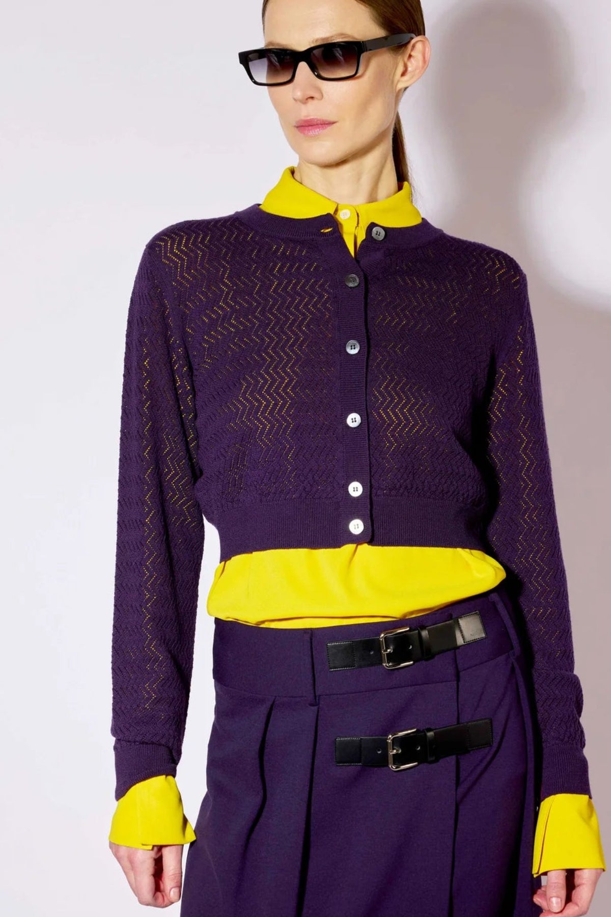 FLEECE WOOL PERFORATED KNIT CARDIGAN - BLUEBERRY