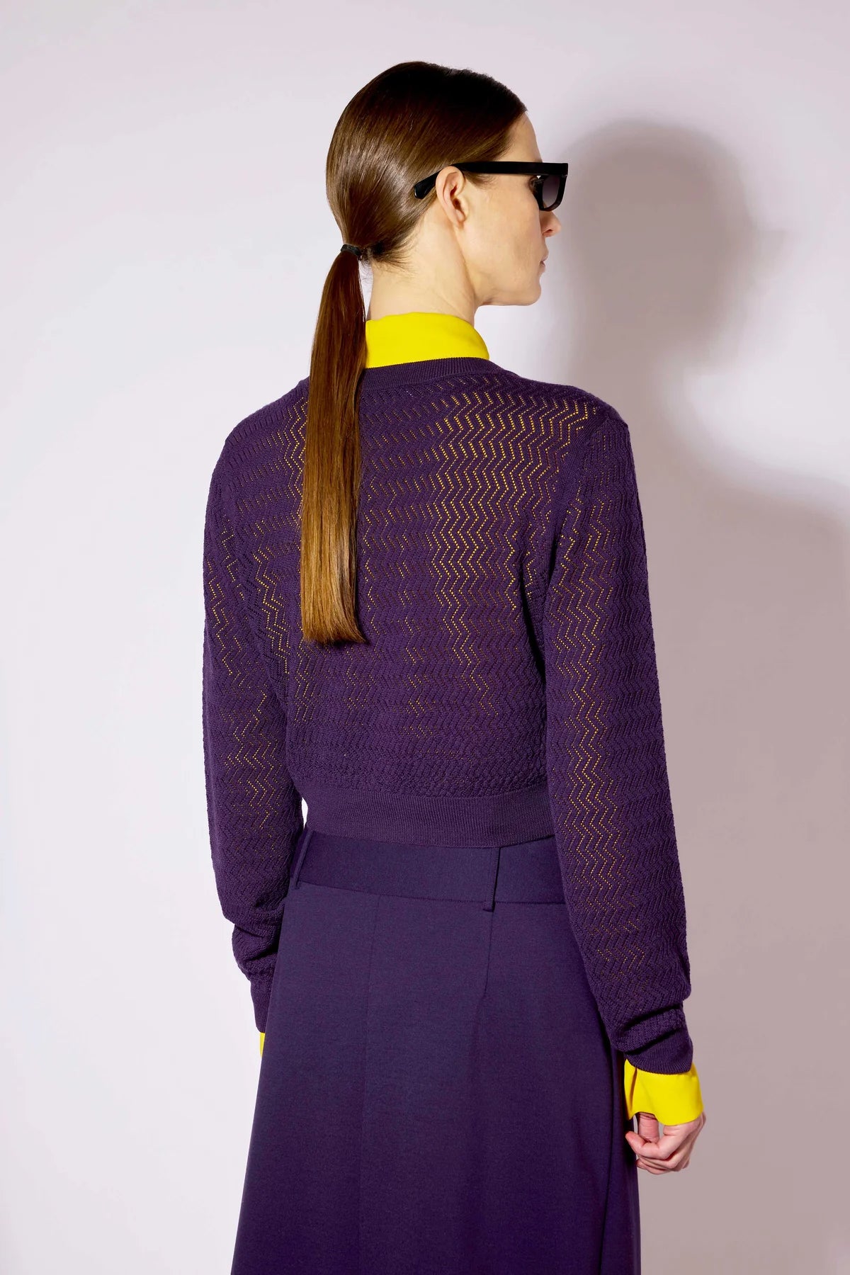 FLEECE WOOL PERFORATED KNIT CARDIGAN - BLUEBERRY