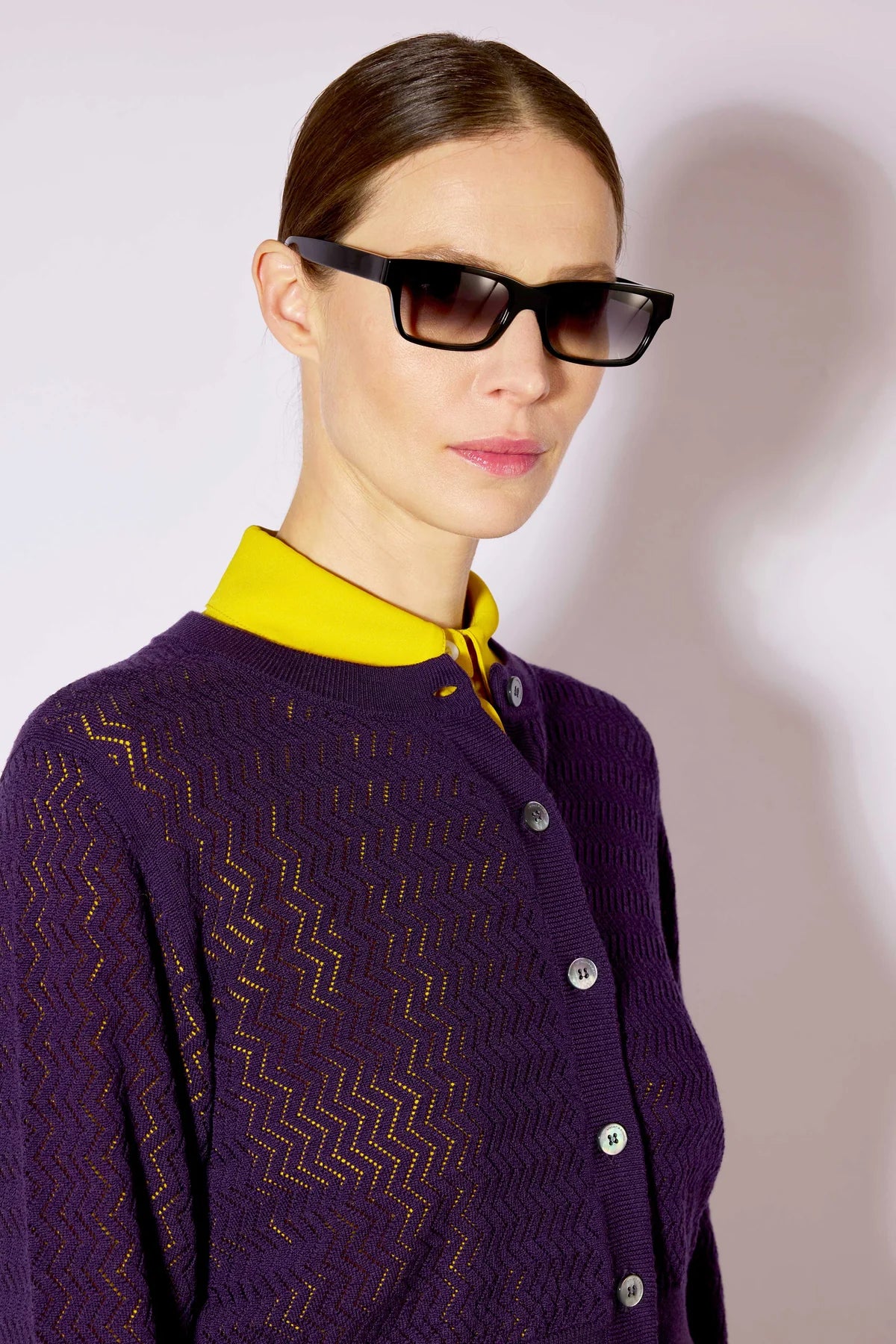 FLEECE WOOL PERFORATED KNIT CARDIGAN - BLUEBERRY