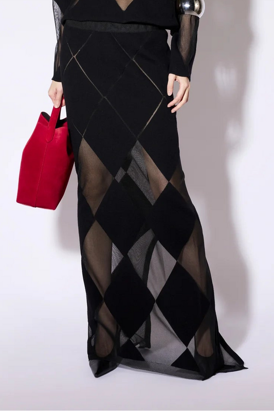FLEECE WOOL DIAMOND PATTERN SKIRT - BLACK