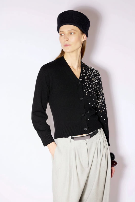 CASHMERE BLEND EMBROIDERED OPEN BACK CARDIGAN - BLACK