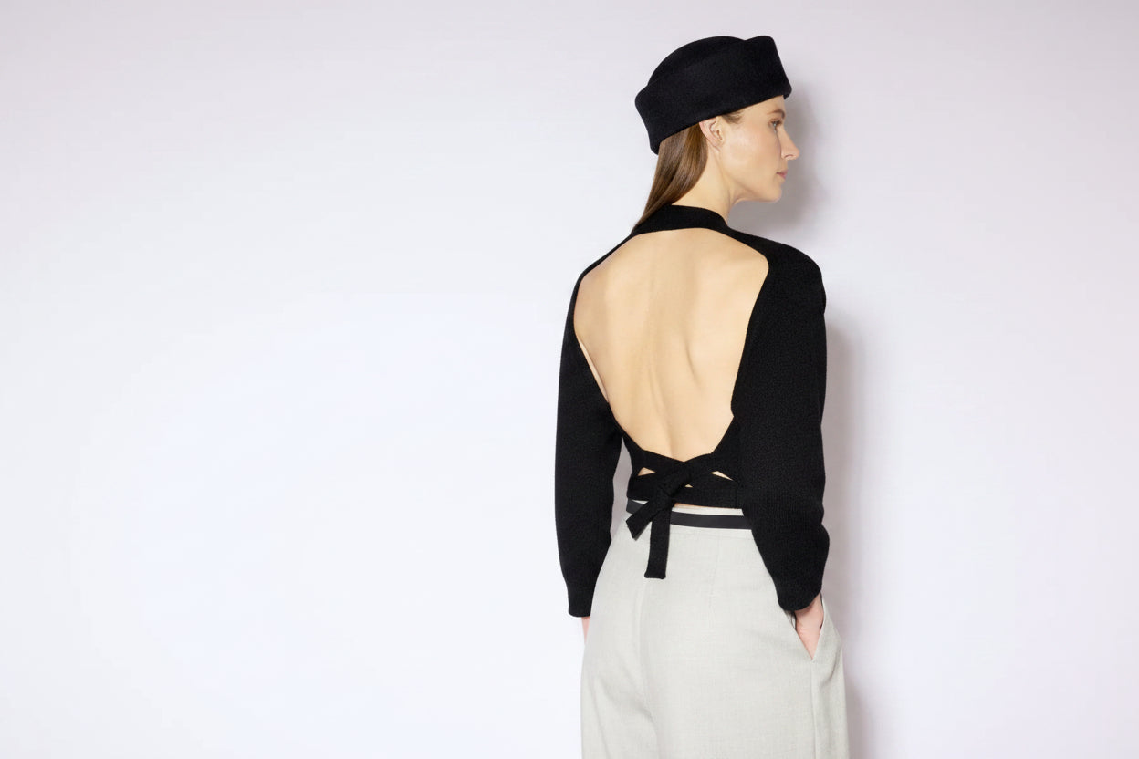 CASHMERE BLEND EMBROIDERED OPEN BACK CARDIGAN - BLACK