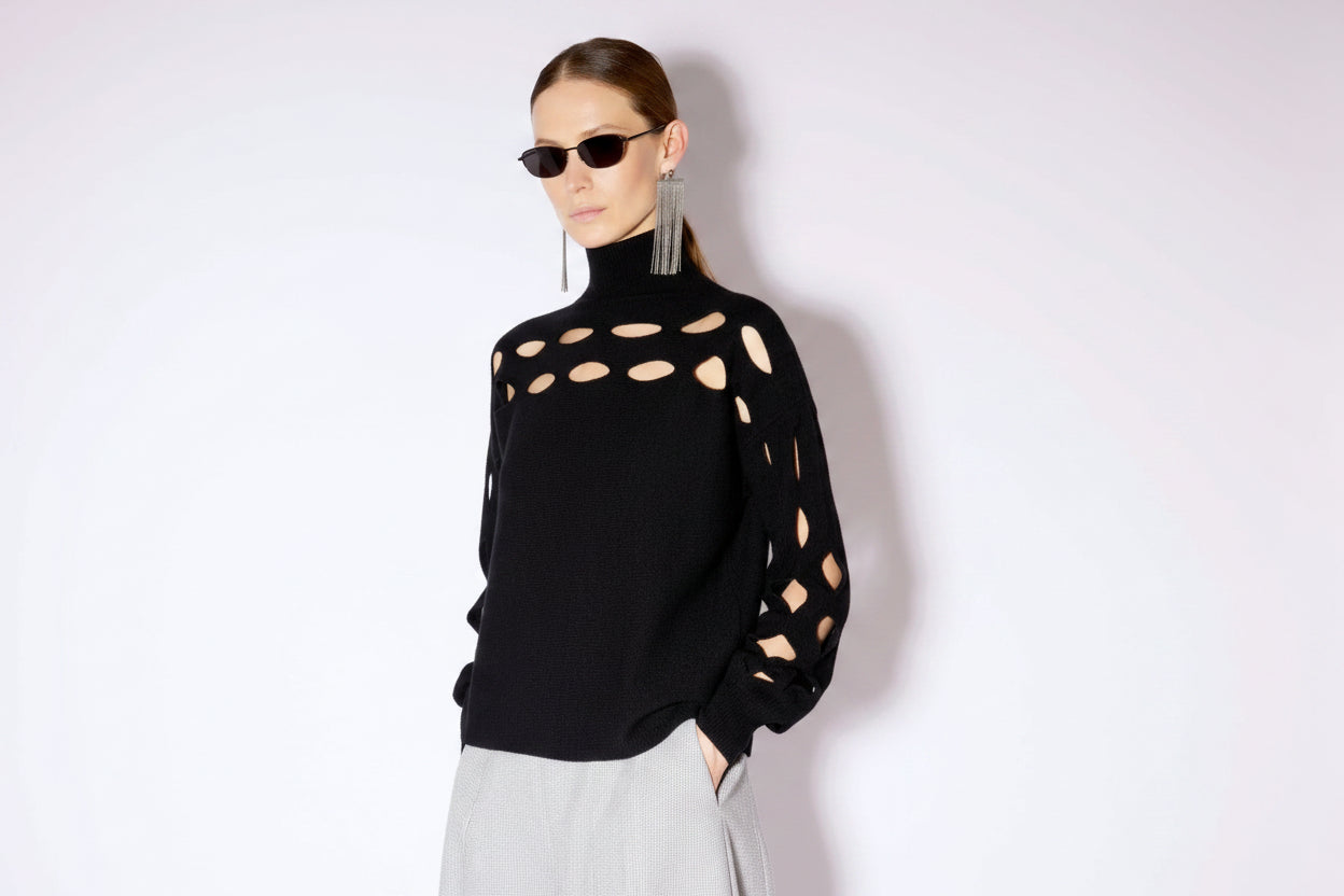 CASHMERE BLEND TURTLENECK SWEATER WITH CUTOUTS - BLACK