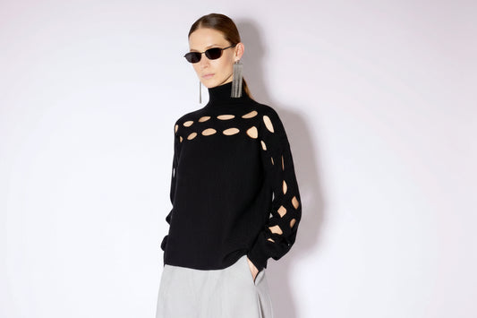 CASHMERE BLEND TURTLENECK SWEATER WITH CUTOUTS - BLACK
