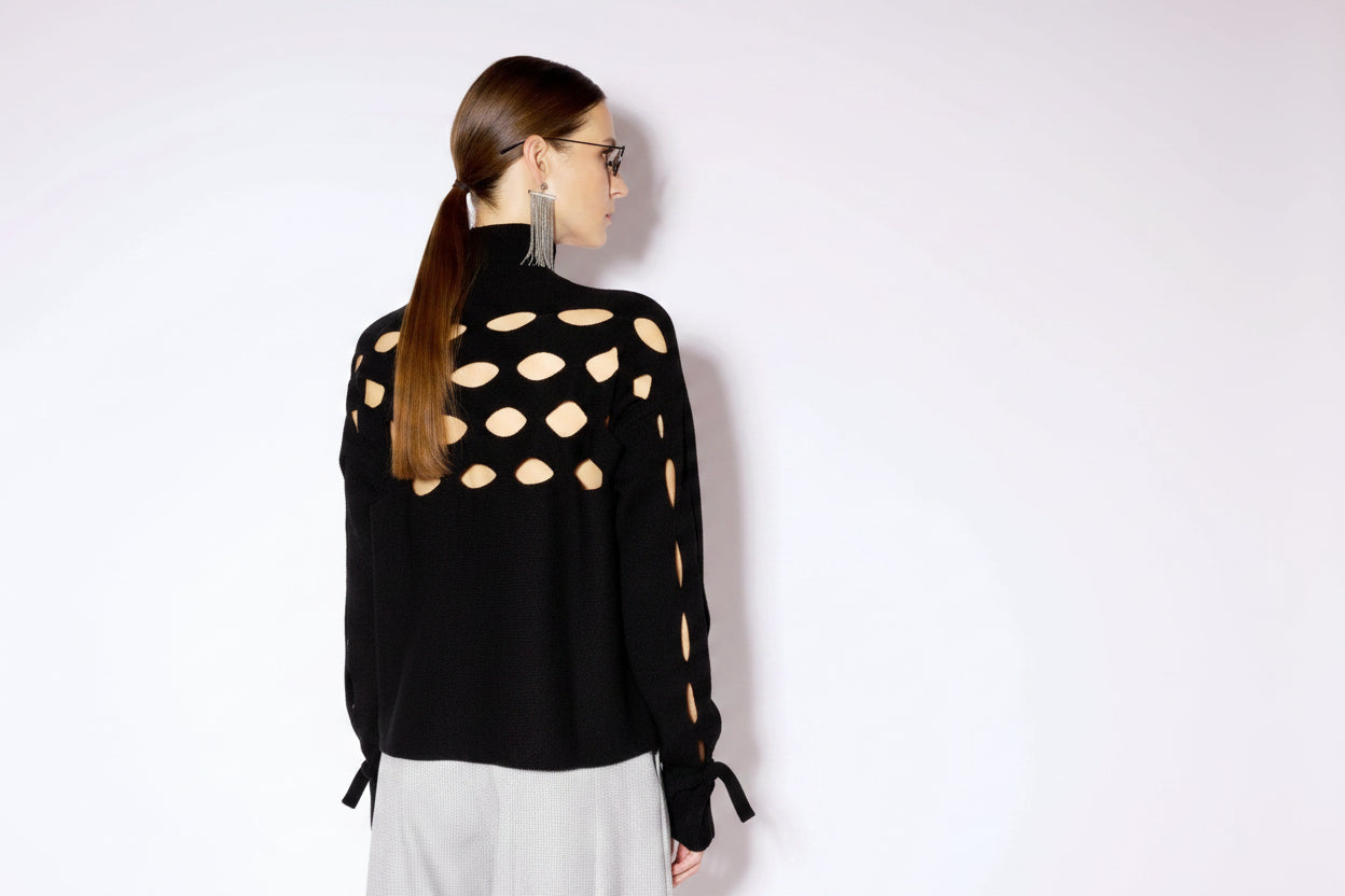 CASHMERE BLEND TURTLENECK SWEATER WITH CUTOUTS - BLACK