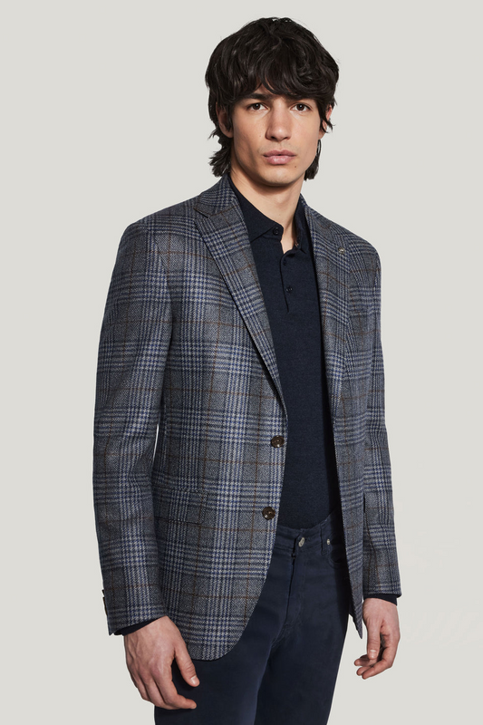MCALLEN DENIM BLUE AND BROWN PLAID WOOL SILK SPORT COAT