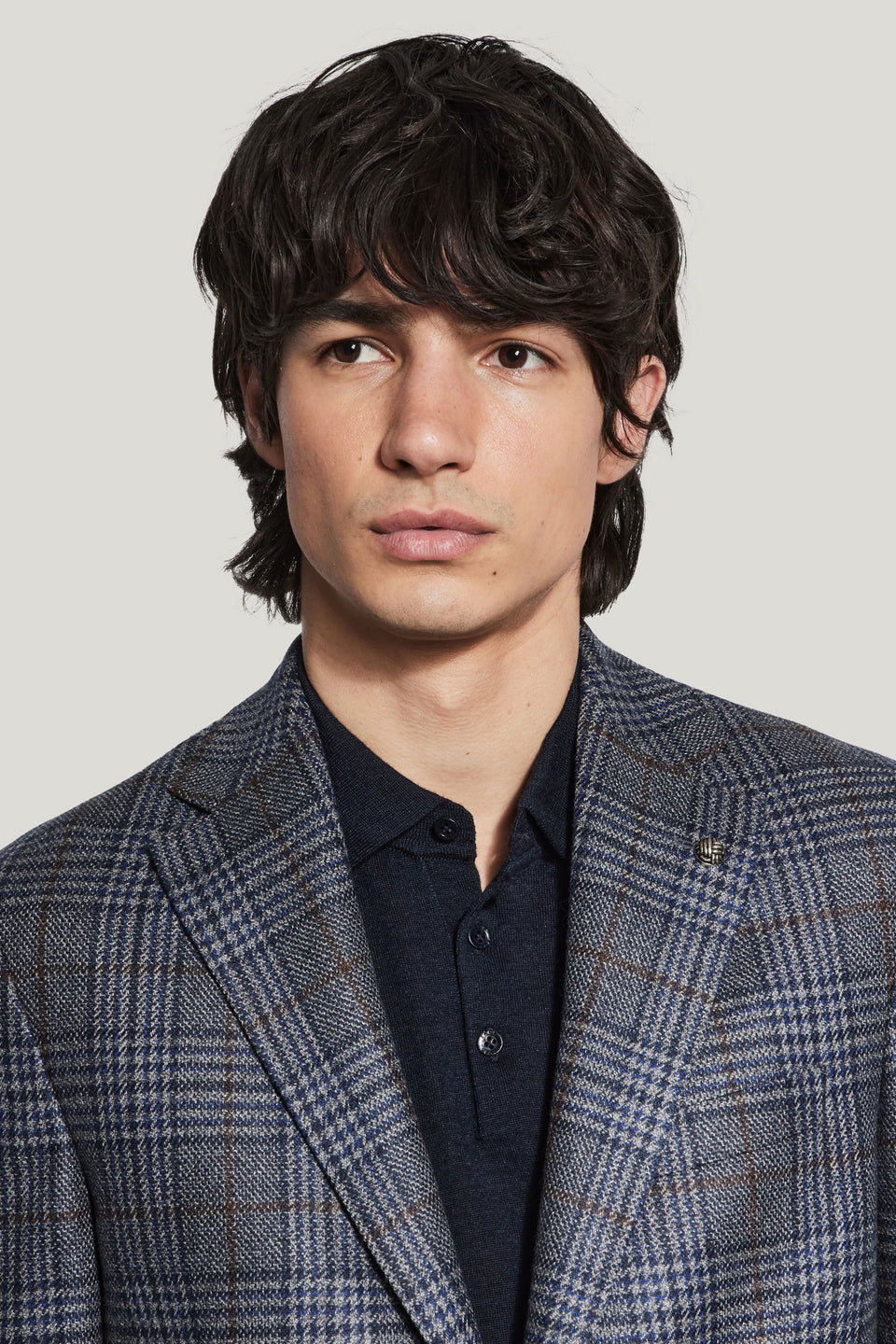 MCALLEN DENIM BLUE AND BROWN PLAID WOOL SILK SPORT COAT