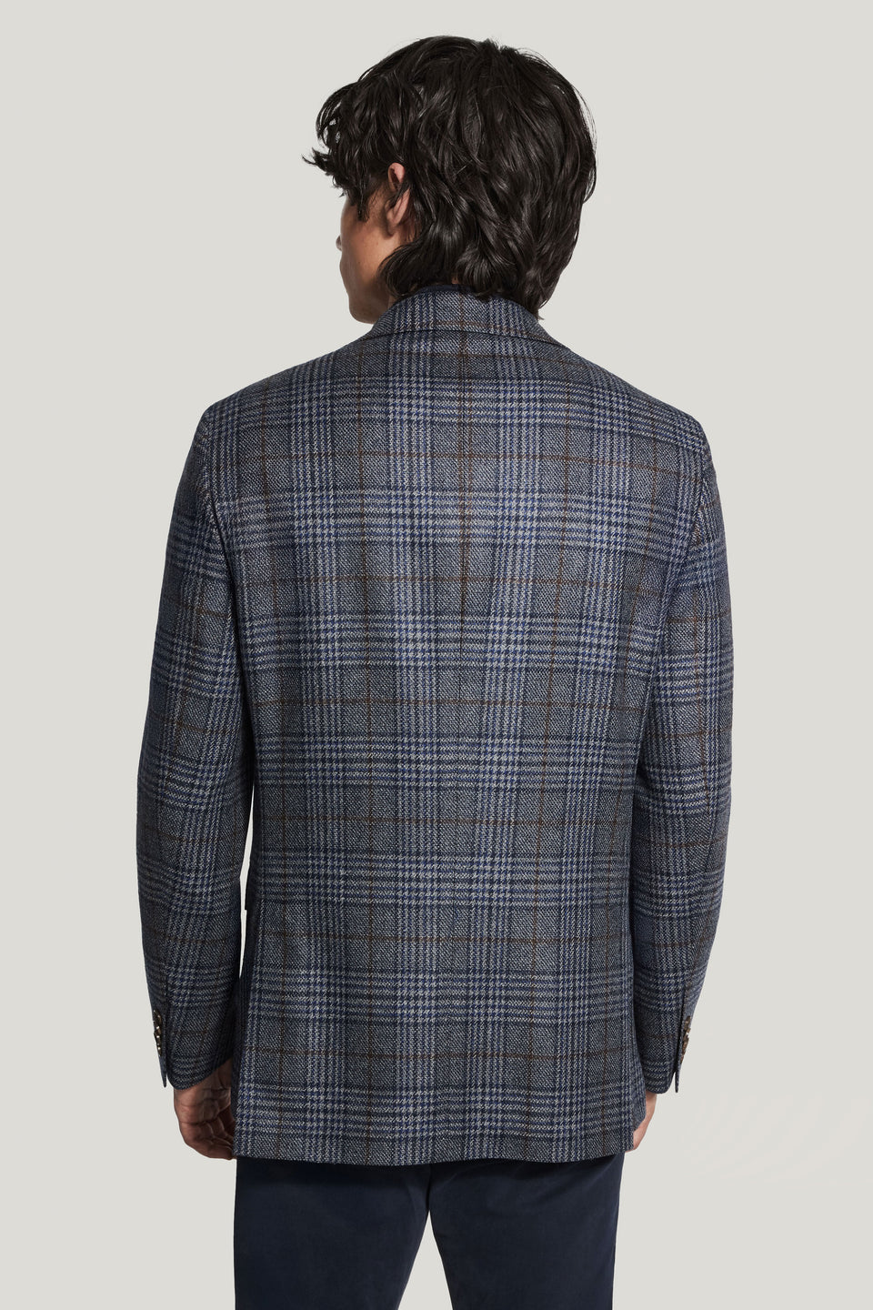 MCALLEN DENIM BLUE AND BROWN PLAID WOOL SILK SPORT COAT