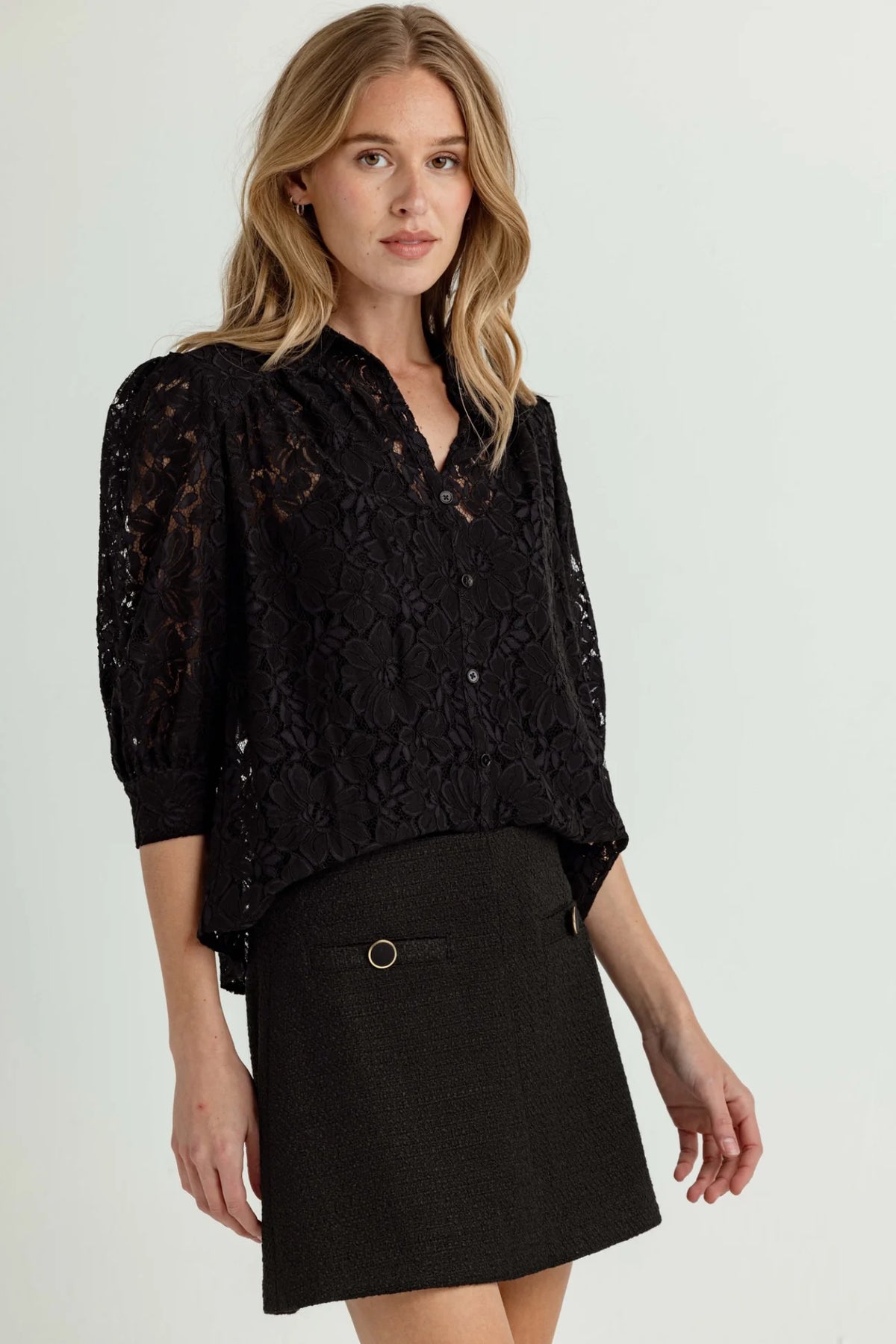 ROE LACE BUTTON DOWN SHIRT- BLACK